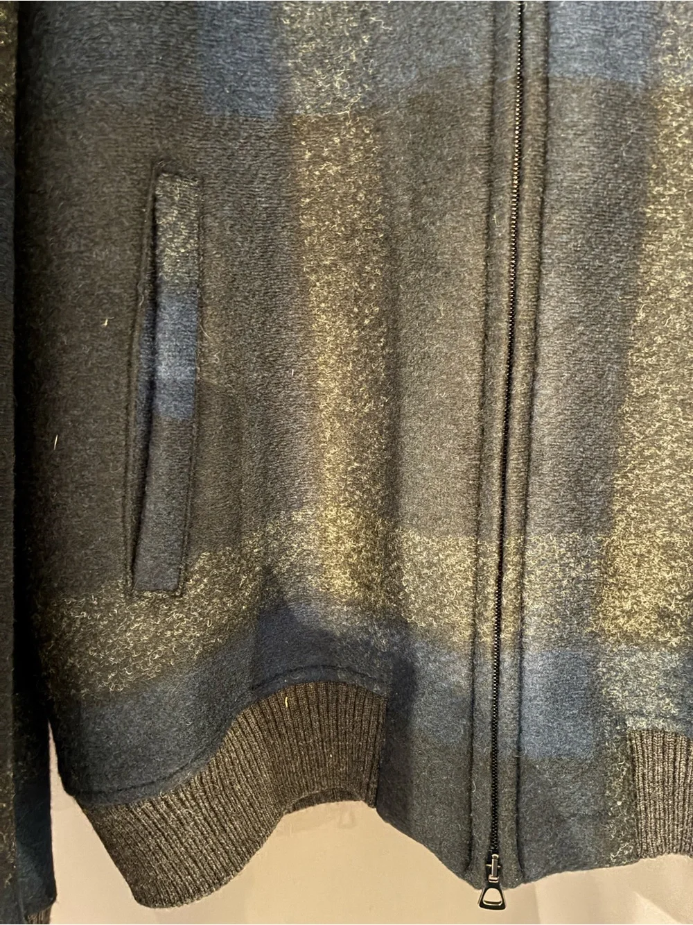 Saks Fifth Avenue Men's Navy and Gray Plaid Zip-Up Wool Jacket